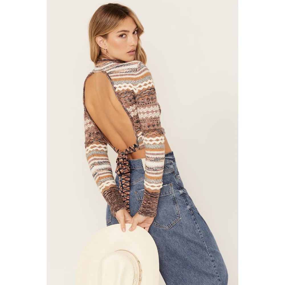 SHYANNE Country Boho Mock Tie Back Crop Sweater XS coastal cowgirl festival